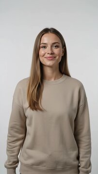 Beautiful smiling young woman making a flirty come here gesture on white background. Vertical video