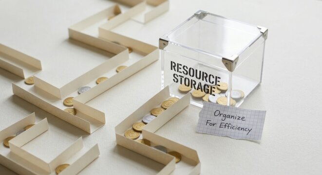 Coins navigating a cardboard maze towards a clear resource storage box