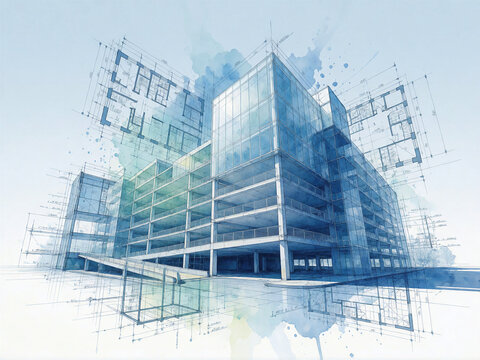 Architectural blueprint illustration of a modern parking structure