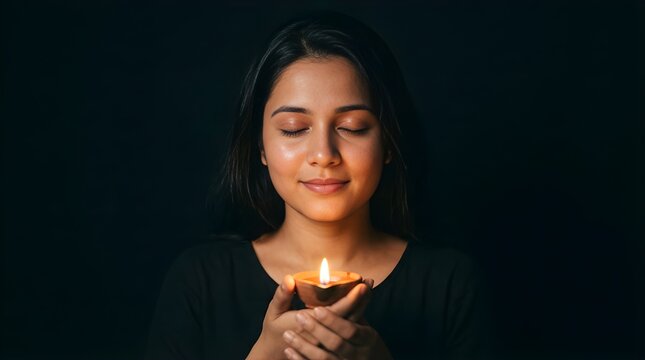 Young Indian woman holding a lit diya lamp during Diwali celebration