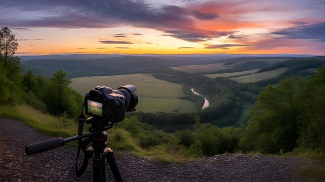 Camera on tripod at sunset over lake