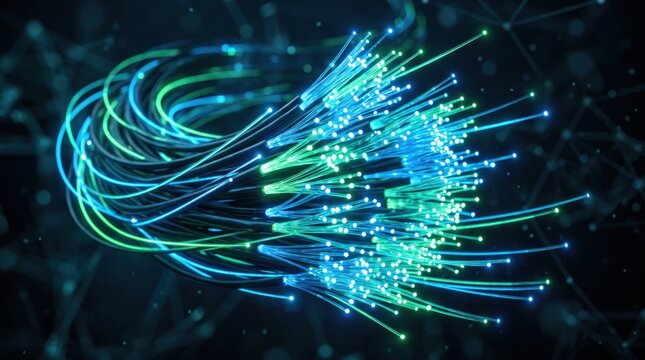 Abstract of glowing fiber optic cables bundle transmitting data signals, blue and green light strands representing high speed telecommunication network connection and digital