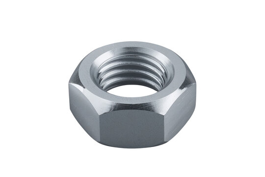 Large polished steel hex nut with visible inner thread