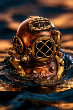 Antique copper diving helmet emerging from dark water with golden sunset reflections in a macro shot for maritime adventure marketing