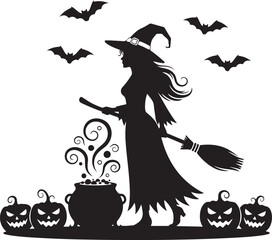 Fototapeta premium Halloween witch with cauldron and pumpkins silhouette for spooky celebration