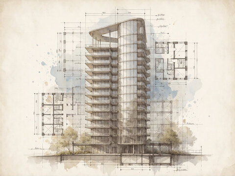 Architectural blueprint of a modern residential skyscraper