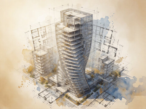 Architectural blueprint of a modern twisting high rise building