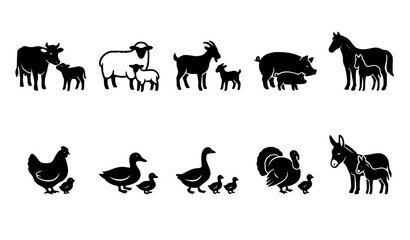 Black farm animal family silhouettes with babies livestock vector icon collection © Vaskor