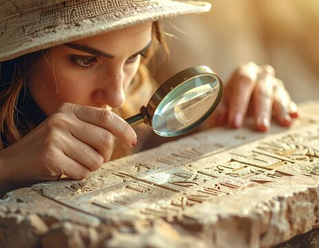 Archaeologist examining ancient hieroglyphs with a magnifying glass.