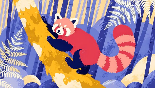 Red panda climbing a tree in the forest. Cute wild animal illustration in a bamboo jungle.