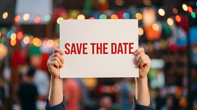 Hands holding white sign with save the date text in festive colorful background with blurred background colorful lights crowd activity evoking celebration anticipation