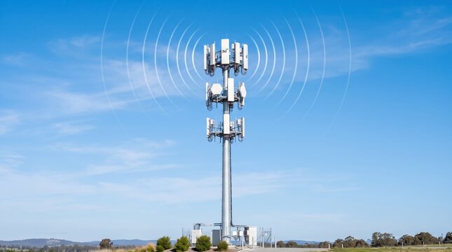 5G telecommunication tower emitting signal waves in rural landscape, wireless network infrastructure, high-speed internet connectivity, cellular antenna array