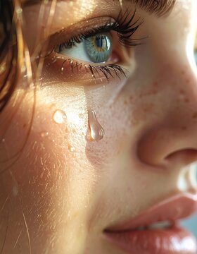 Close-up of a Young Womans Tearful Eye with Water Droplets on Her Face.