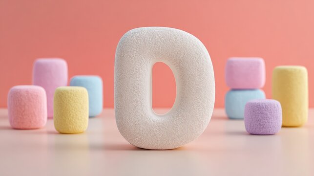 Soft pastel foam letter D with colorful cube shapes on pink background