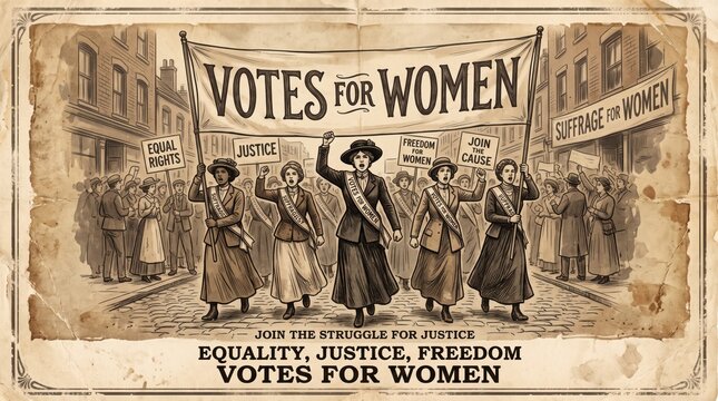 Vintage style illustration of women marching for votes and equal rights with protest signs and a large banner in a city street
