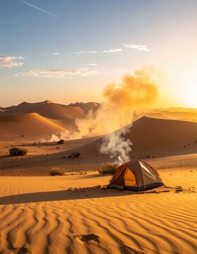 Desert Camping Adventure at Sunrise with Smoke Rising from Tent.