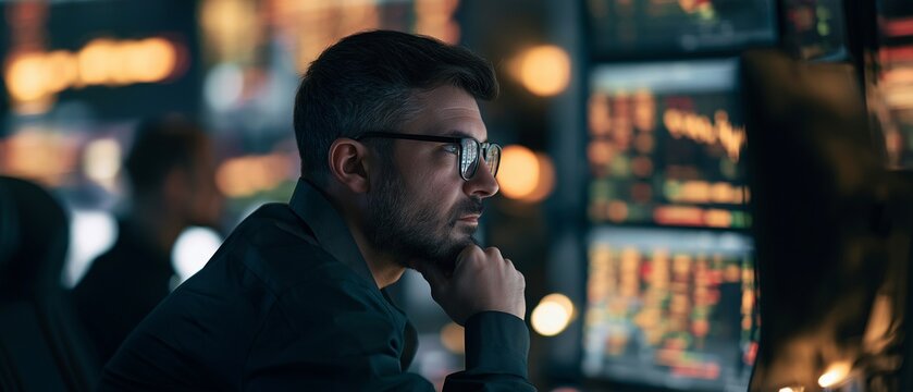 On the trading floor, a male trader is looking at a big screen displaying stock market data. A financial advisor examining investment data