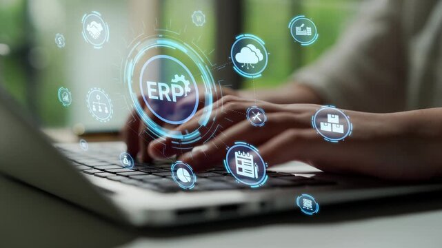 ERP icons show management, integration, and business process. ERP supports data management, ERP efficiency, and ERP organizational solutions. Funnel