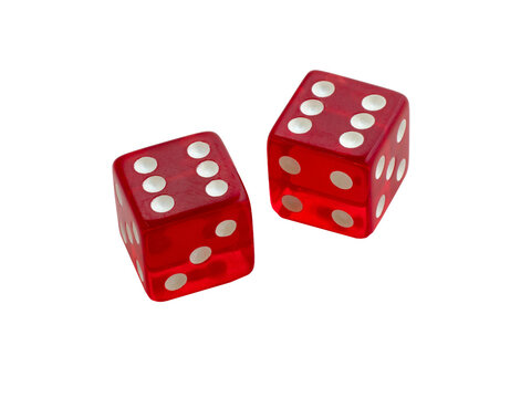 Two red gambling dice concept of luck, chance, and probability isolated on transparent PNG background