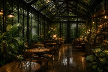 Fototapeta premium Glass Coffee Shop Conservatory with Indoor Plants Wooden Furniture Gentle Rain and Dreamy Cinematic Ambience