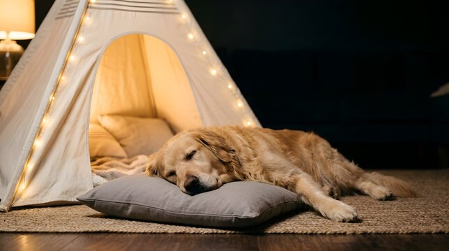 Golden retriever dog sleeping on a grey pillow inside a lit indoor tent