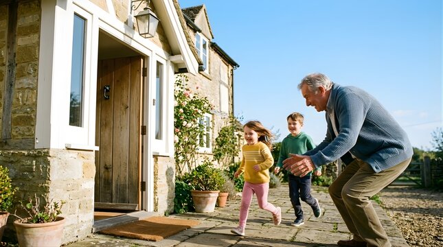 Grandfather welcoming grandchildren running to front door of stone house