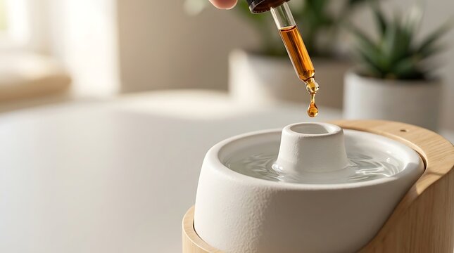 Adding essential oil to a ceramic water diffuser for aromatherapy