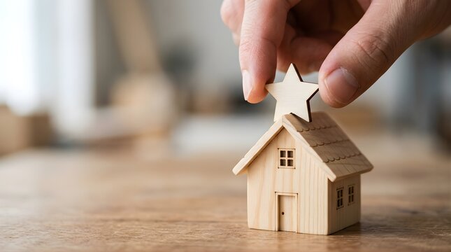 Hand placing a wooden star on a miniature house model for real estate