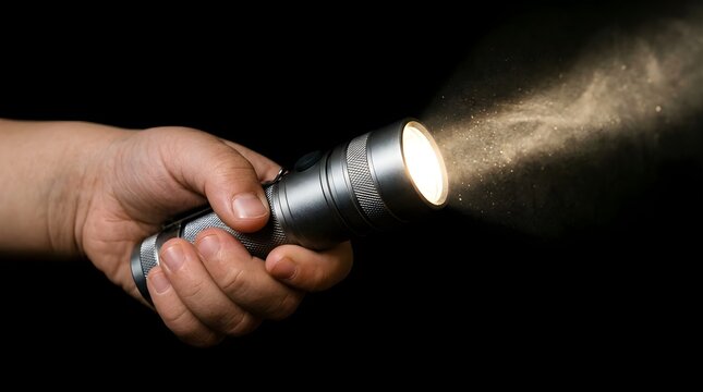 Hand holding a metallic flashlight beam illuminating dark empty space