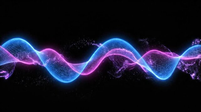 Waves of blue and purple light oscillate in a smooth sine pattern that creates a fluid motion effect across the dark background making it an ideal choice for data flow visualizations or tech concepts.
