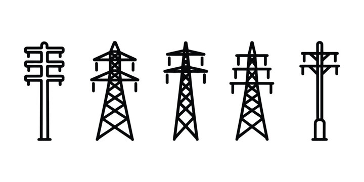 Transmission power line tower icons set of electricity pylons and electric energy distribution pylons utility pole collection with high voltage supply symbols.