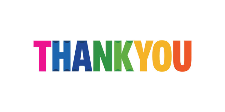 Colorful thank you text lettering design on white background with modern sans serif typography for appreciation message and gratitude expression greeting card.