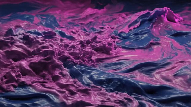 Paint swirls together in a thick viscous mixture of deep blue and vibrant magenta hues creating an intricate abstract landscape that resembles a flowing alien terrain of liquid color and glossy.