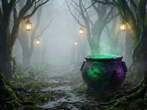 Glowing cracked cauldron emitting green light in a misty mossy forest path. Halloween Wallpaper Background image