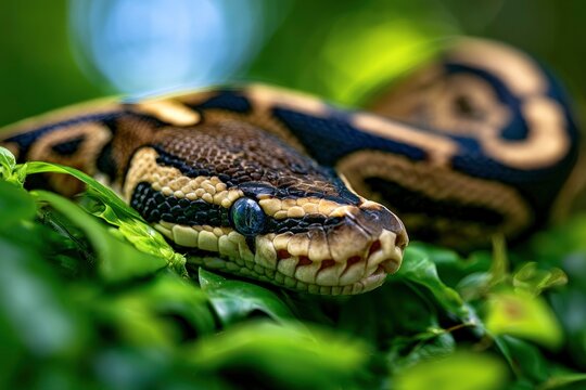 Ball python snake resting on green leaves in tropical jungle environment with macro shot and shallow depth of field for wildlife education marketing