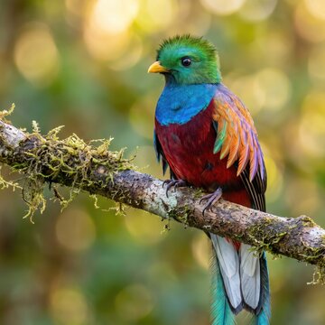 Colorful quetzal bird standing on branch in natural tropical jungle environment photo portrait