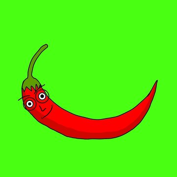Red chili pepper character wearing eyeglasses smiling on green background food mascot illustration