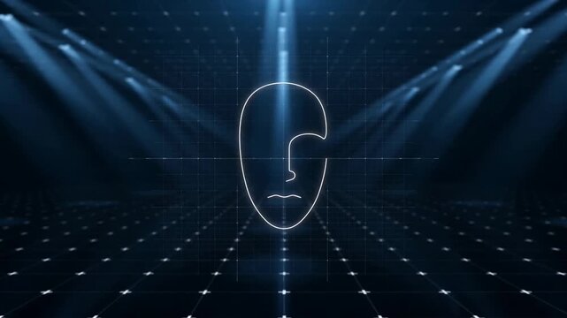 Futuristic digital environment with blue lighting, grid floor, and abstract face projection