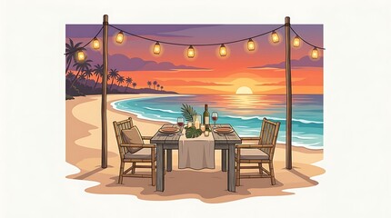 Obraz premium Romantic dinner table for two on a tropical beach at sunset