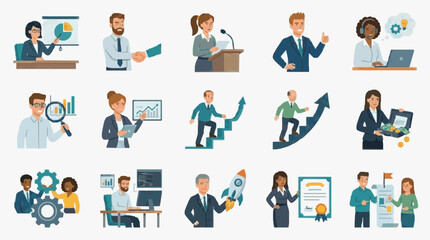 Fototapeta premium Professional Illustrated Icons Showcasing Business Growth Teamwork Analytics and Corporate Success in Vibrant Colors