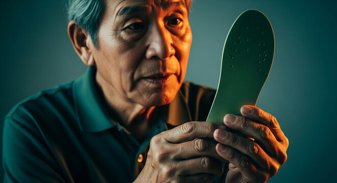 Senior Asian man examining a green orthopedic shoe insole for foot support and comfort in a dark studio setting with cinematic lighting.