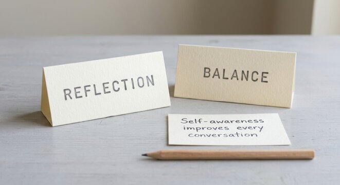 Reflection and Balance labels with self-awareness note and pencil on a table