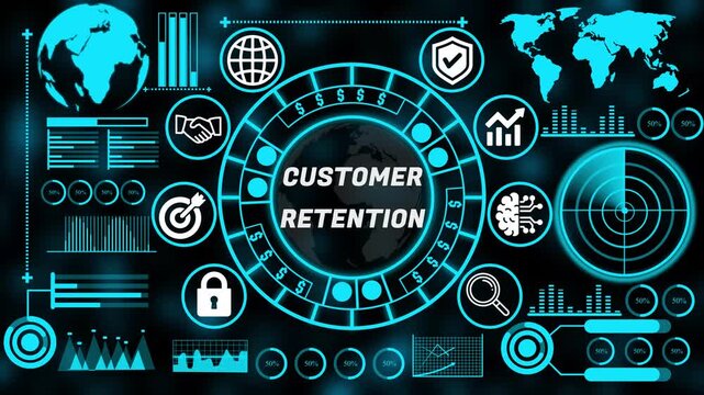 Strategic customer retention concept with interconnected business technology internet icons supporting enterprise decision making and growth. 4k animation video 