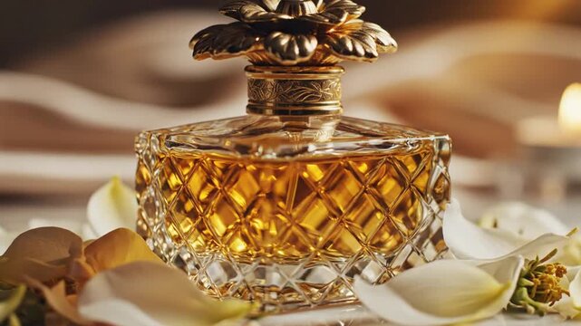 Elegant glass perfume bottle with golden cap surrounded by delicate white flower petals.