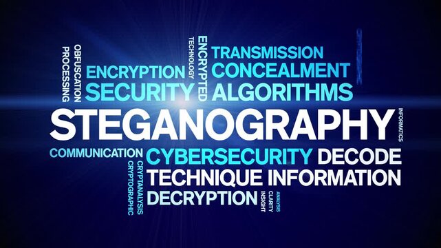 Steganography animated word cloud-text design animation tag kinetic typography seamless loop.