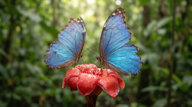 Two bright blue morpho butterflies resting together on tropical flower in lush green environment