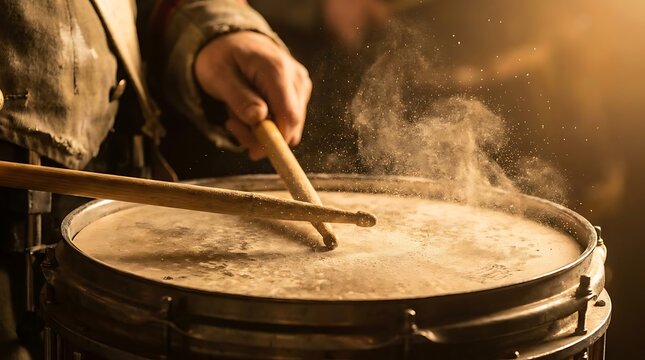 Drummer playing snare drum with dust and smoke.