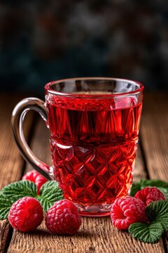 Red berry juice in textured glass mug with ripe raspberries on rustic timber featuring macro focus for health drink branding