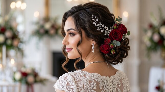 Bride with elegant hairstyle. Woman wearing wedding dress and floral hair piece.