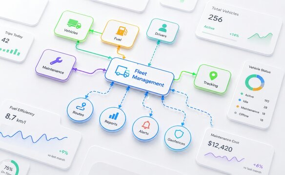 Fleet Management System Interface with Icons for Tracking Fuel Drivers and Reports